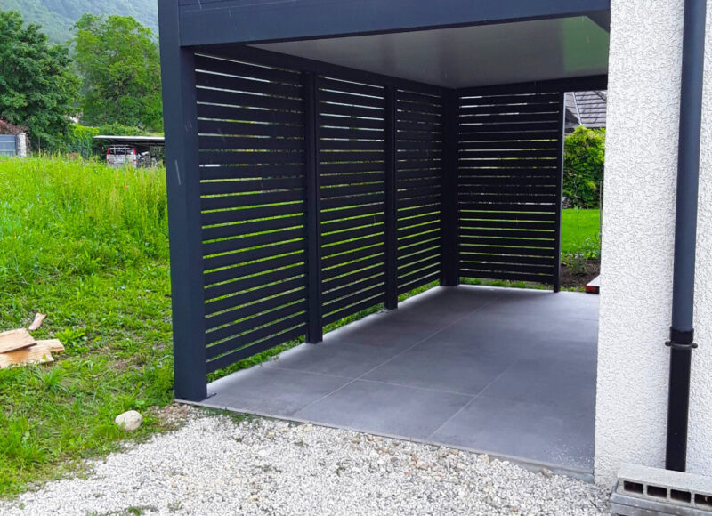 carport toit plat brise vue gris anthracite RAL 7016 terrasse voiture imperium ouvertures akena
